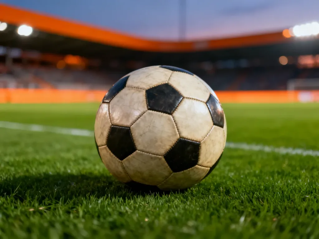 Klasyczna skórzana piłka na murawie stadionu w pomarańczowej kolorystyce, nawiązującej do barw reprezentacji Holandii.
