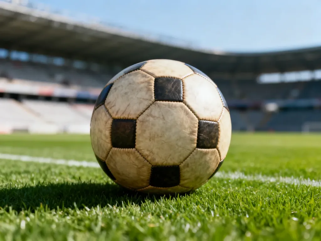 Klasyczna skórzana piłka do futbolu leżąca na murawie boiska piłkarskiego w świetle dziennym.