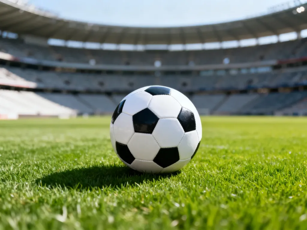 Czarno-biała piłka nożna leżąca na murawie boiska wewnątrz pustego stadionu.