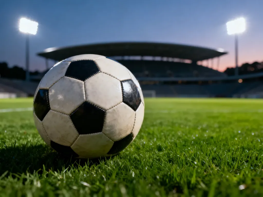 Skórzana piłka nożna na murawie stadionu w świetle reflektorów, symbolizująca ducha sportowej rywalizacji.