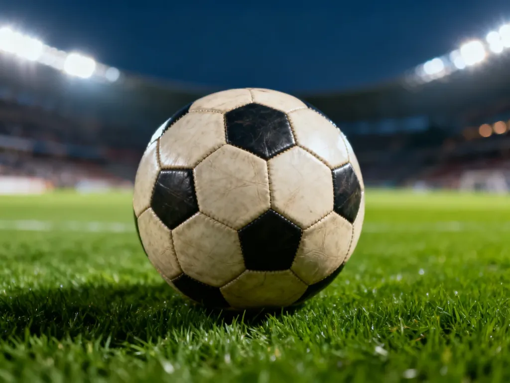 Klasyczna skórzana piłka nożna na murawie stadionu w świetle jupiterów.
