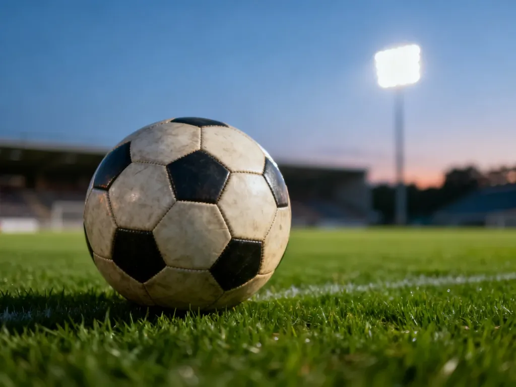 Profesjonalna skórzana piłka nożna na murawie stadionu w świetle jupiterów.