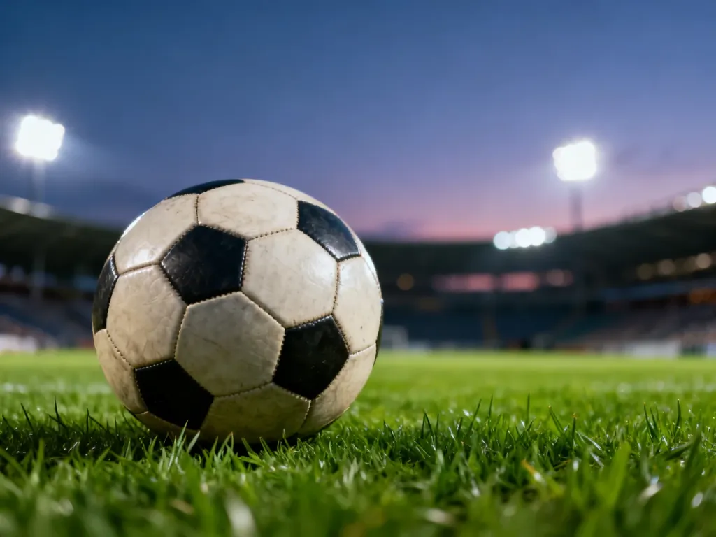 Skórzana piłka nożna na murawie stadionu w świetle jupiterów, symbolizująca profesjonalne rozgrywki ligowe.