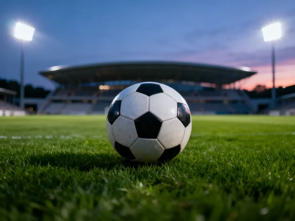 Profesjonalna piłka nożna na murawie stadionu w świetle jupiterów o zmierzchu.