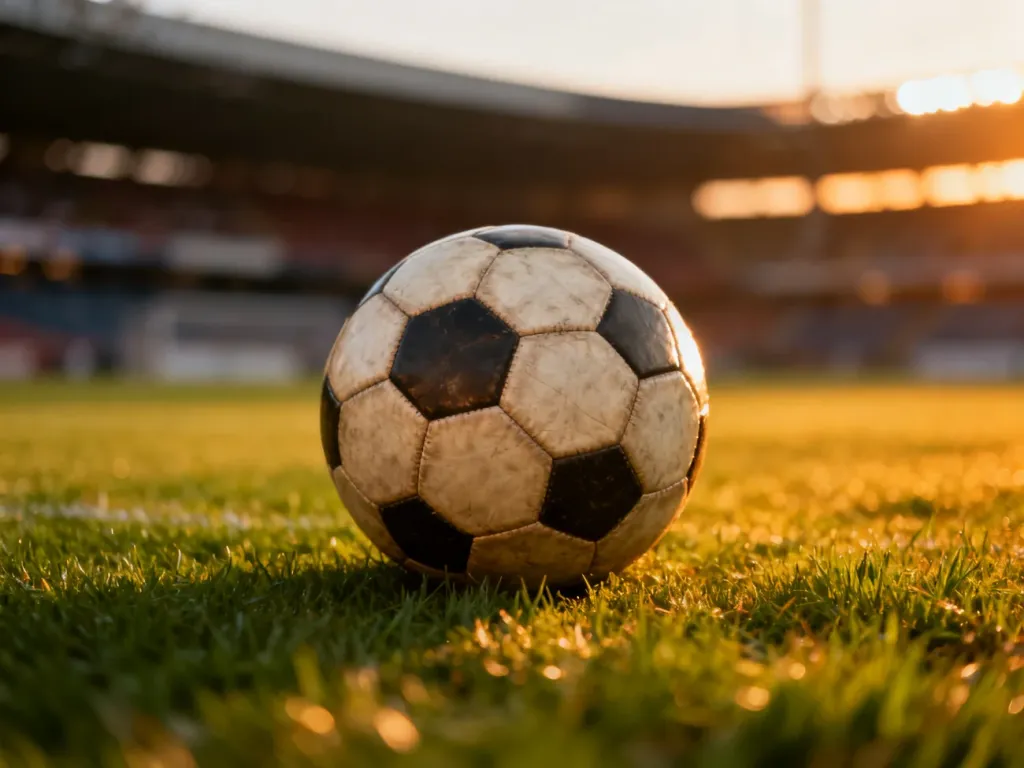 Klasyczna skórzana piłka nożna leżąca na murawie stadionu w ciepłym świetle zachodzącego słońca.