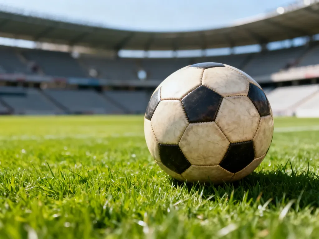 Klasyczna skórzana piłka nożna leżąca na murawie stadionu, symbolizująca historię i ducha sportu.