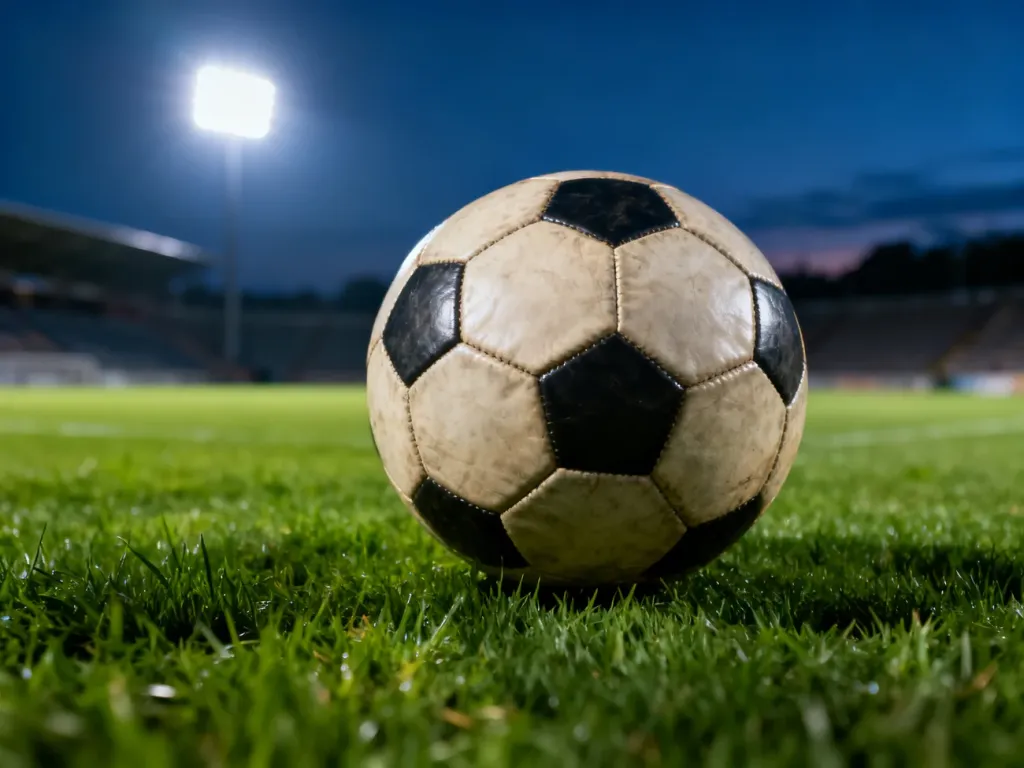 Skórzana piłka nożna na murawie stadionu w świetle jupiterów przed meczem Pogoni Siedlce.