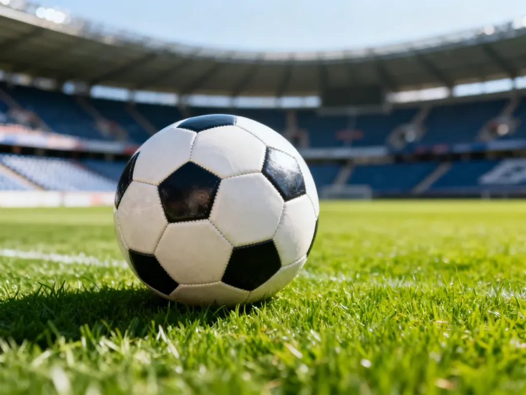Skórzana piłka do gry w piłkę nożną leżąca na murawie stadionu. Tło z rozmytymi trybunami podkreśla sportowy charakter.