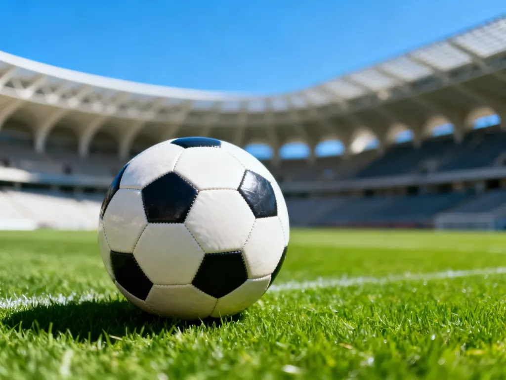 Skórzana piłka nożna na murawie stadionu w słoneczny dzień, symbolizująca ducha sportowej rywalizacji klubu Como 1907.