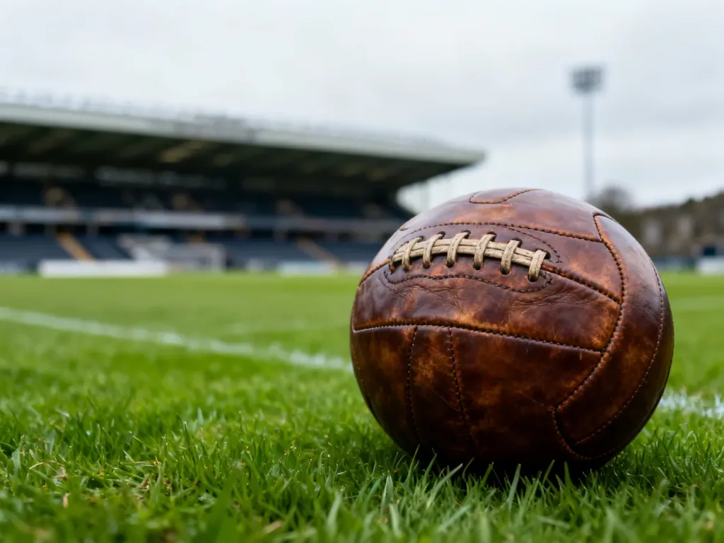 Skórzana piłka na murawie stadionu w tle z zarysem trybun, nawiązująca do piłkarskiej historii Szkocji.
