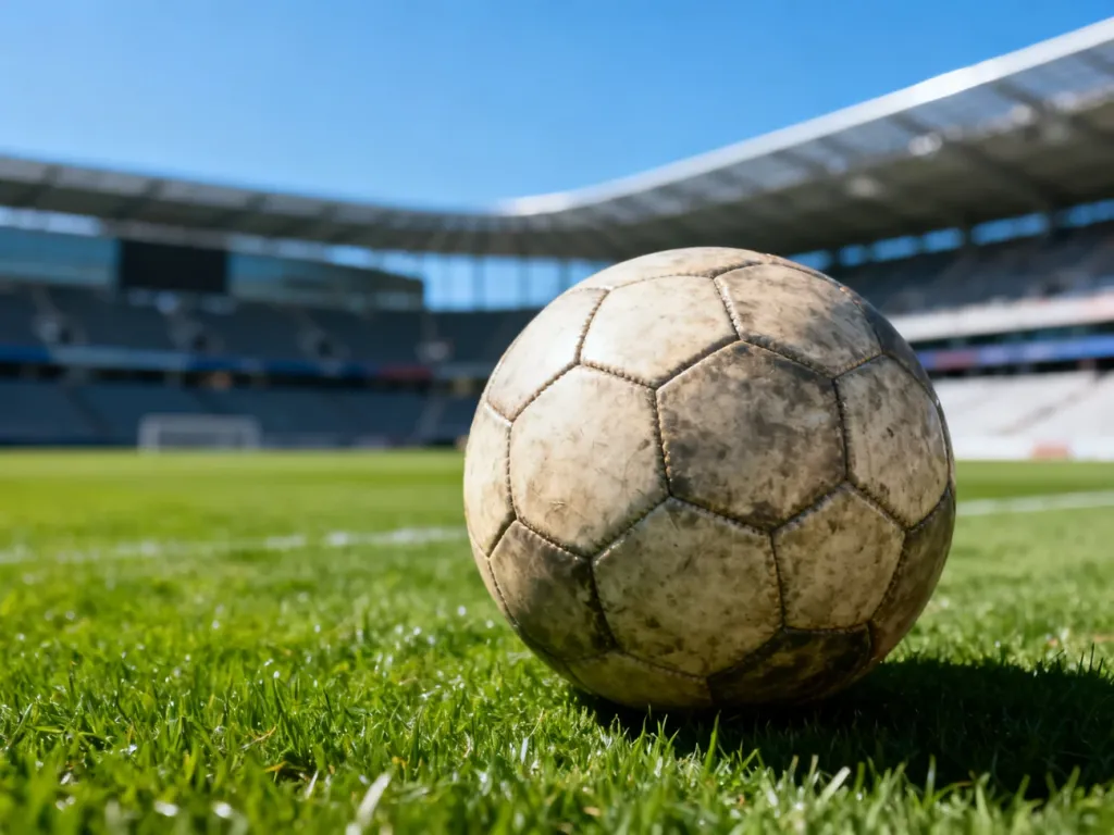 Skórzana piłka nożna na murawie boiska w tle nowoczesnego stadionu, nawiązująca do sportowych emocji i rywalizacji.