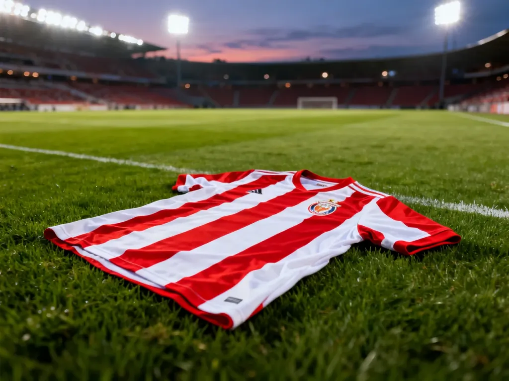 Klasyczna czerwono-biała koszulka Atlético Madryt leżąca na murawie stadionu w świetle zachodzącego słońca.