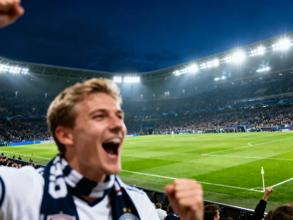 Kibic w szaliku na trybunach rozświetlonego stadionu podczas emocjonującego meczu piłkarskiego.