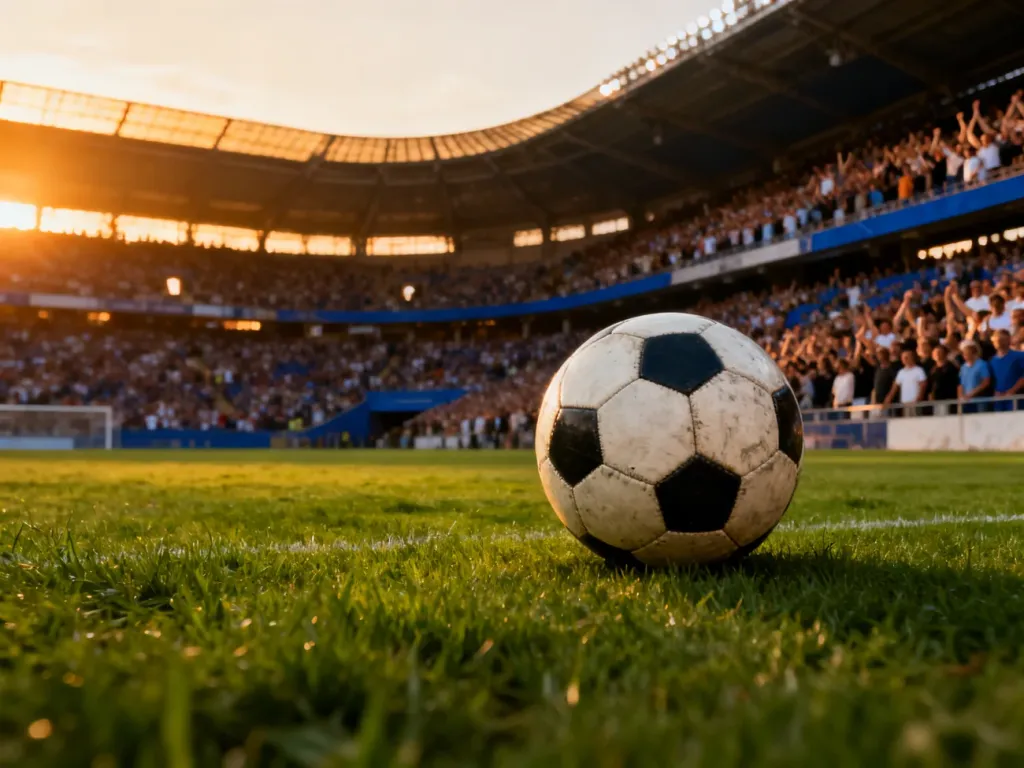 Piłka nożna na murawie stadionu podczas zachodu słońca, podkreślająca atmosferę wielkich derbów Barcelony.