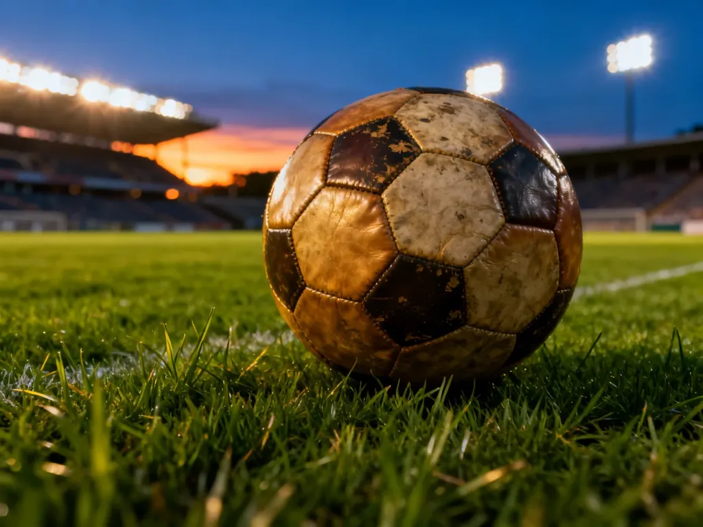 Zużyta piłka nożna na murawie stadionu o zachodzie słońca, symbolizująca emocje towarzyszące meczom Realu Sociedad z Barcą.