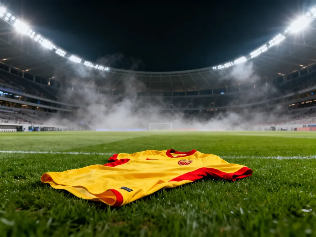Koszulka Jagiellonii Białystok leżąca na murawie stadionu podświetlonego jupiterami w wieczornej scenerii.
