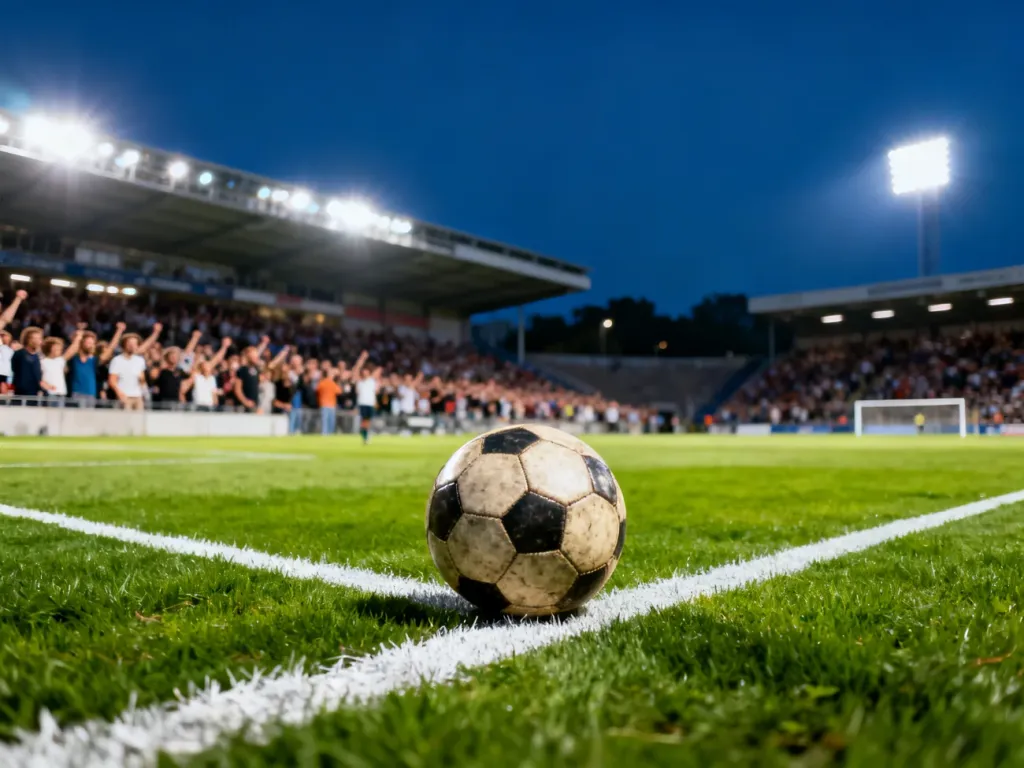 Oświetlona murawa stadionu piłkarskiego z piłką na linii pola karnego przed meczem wieczornym.