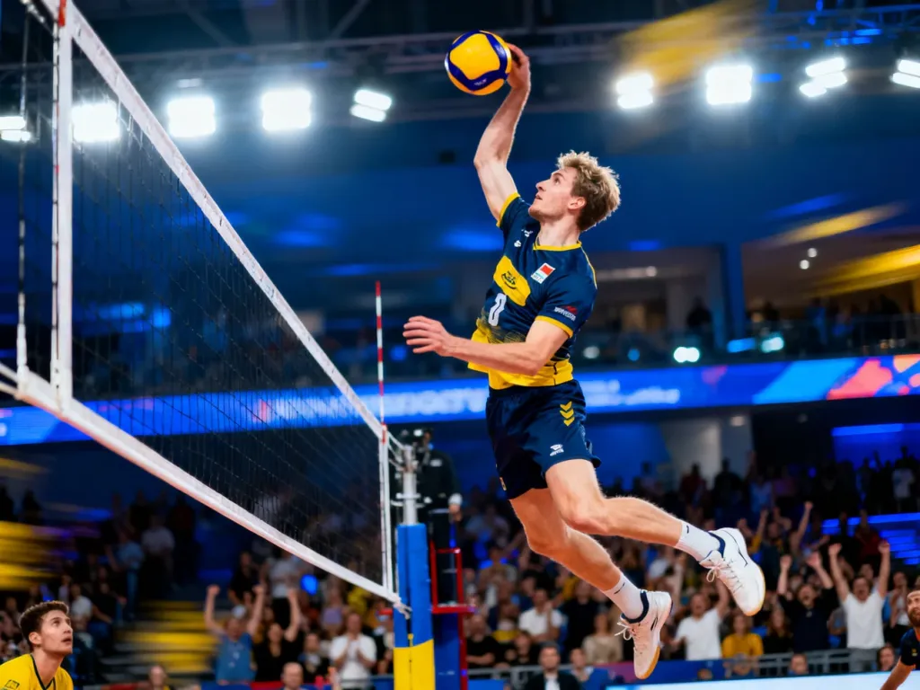 Siatkarz w locie wykonujący potężny atak nad siatką podczas meczu w wypełnionej hali sportowej.