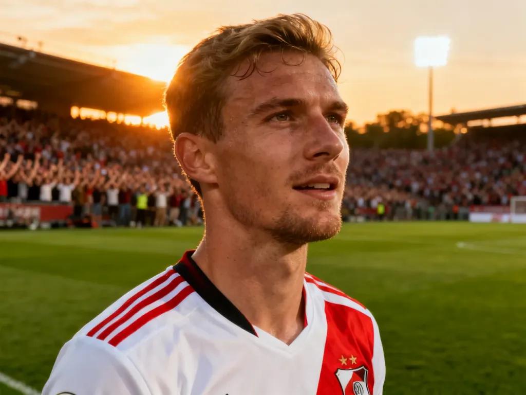 Piłkarz reprezentacji Polski w biało-czerwonej koszulce na murawie stadionu podczas meczu w świetle zachodzącego słońca.