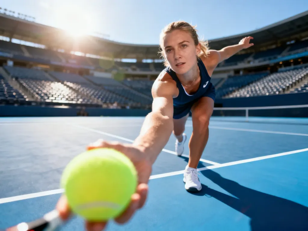 Zawodowa tenisistka wykonująca dynamiczny serwis na niebieskim korcie twardym podczas turnieju Australian Open.