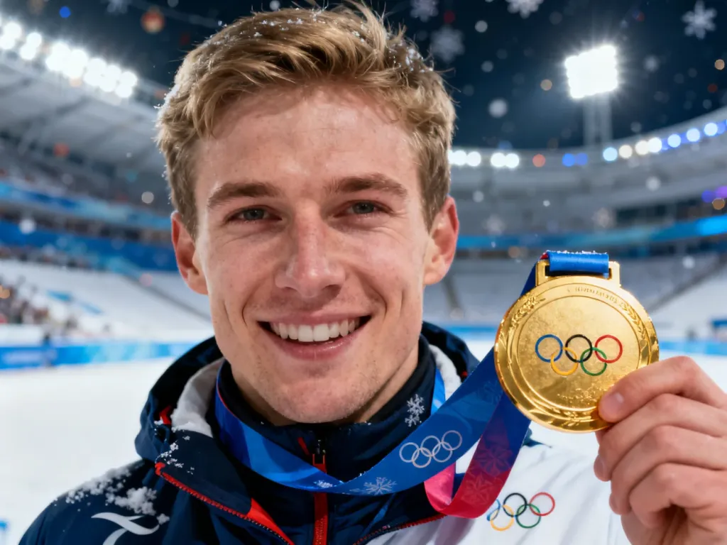 Triumfujący sportowiec ze złotym medalem na tle ośnieżonego stadionu olimpijskiego podczas zimowych igrzysk.