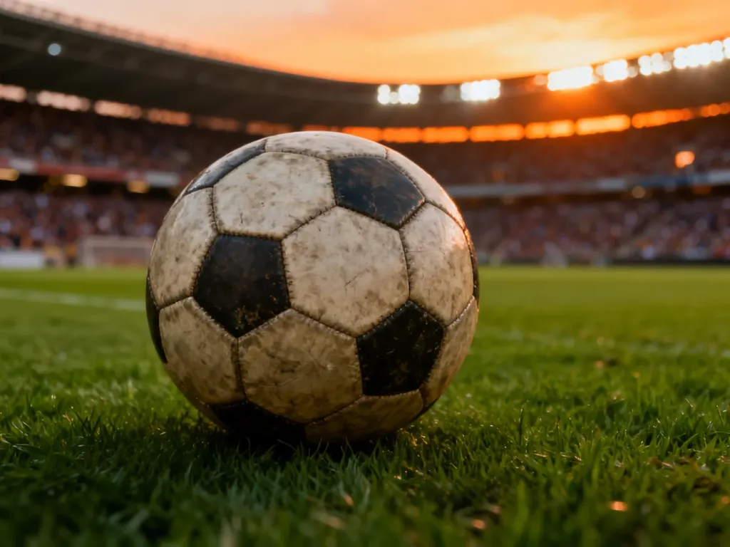 Skórzana piłka nożna na murawie stadionu w świetle zachodzącego słońca, symbolizująca ducha mistrzostw świata.