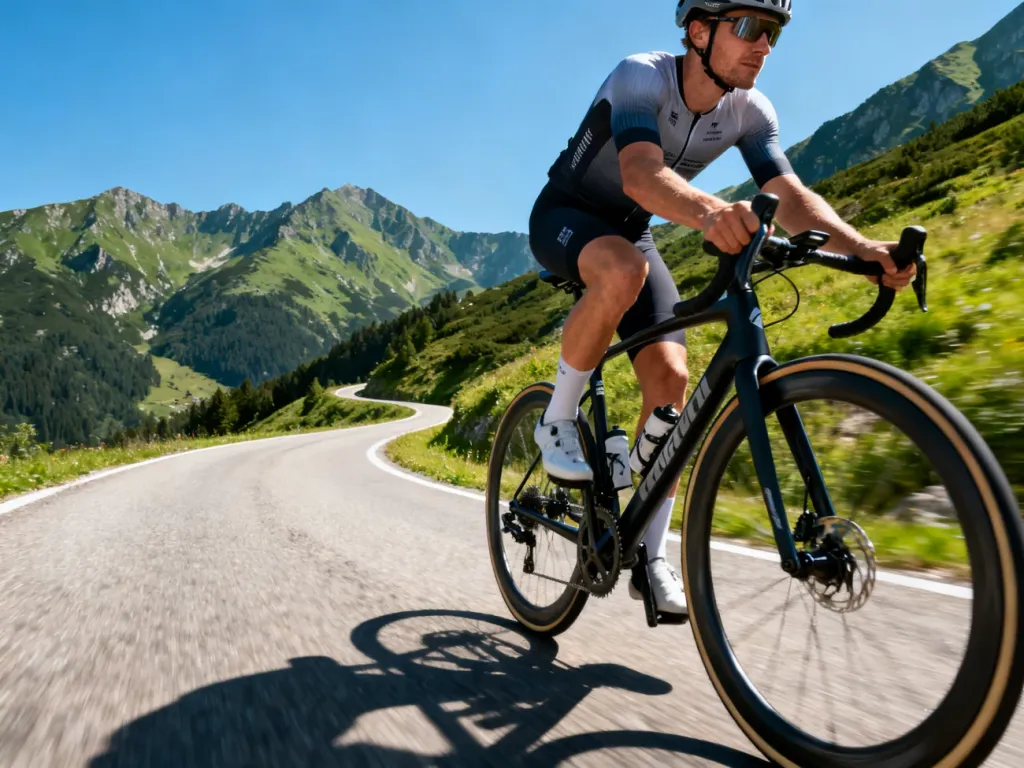 Kolarz szosowy jadący po krętej górskiej drodze w polskim krajobrazie podczas wyścigu Tour de Pologne.
