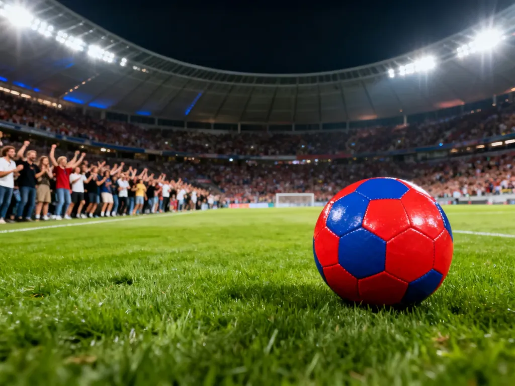 Piłka w barwach FC Barcelony na murawie stadionu przy pełnych trybunach podczas wieczornego meczu.