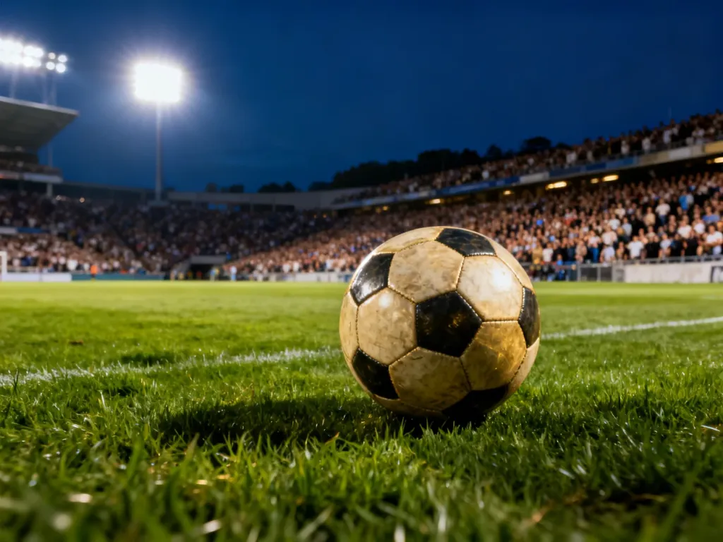 Piłka do gry na murawie oświetlonego stadionu piłkarskiego przed meczem Ligi Mistrzów.