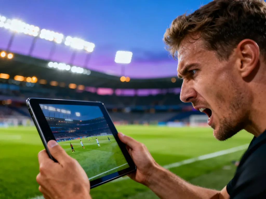 Kibic z uwagą śledzący mecz piłkarski na tablecie, z widocznym w tle oświetlonym stadionem.