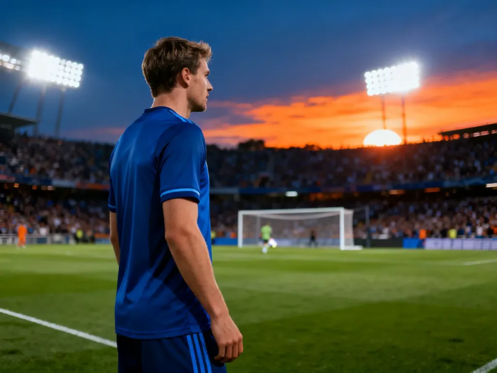 Piłkarz w stroju sportowym na murawie stadionu podczas zachodu słońca przed meczem Deportivo Alavés z FC Barceloną.