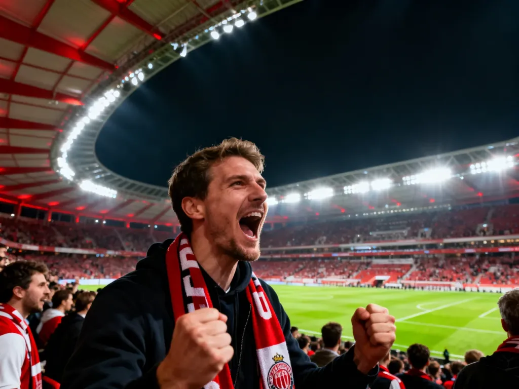 Kibic w szaliku na pełnym stadionie podczas nocnego meczu piłkarskiego przy jaskrawym oświetleniu murawy.