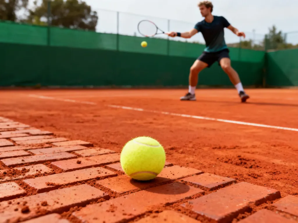 Żółta piłka na mączce ceglanej kortu Roland Garros, w tle tenisista przygotowujący się do uderzenia.