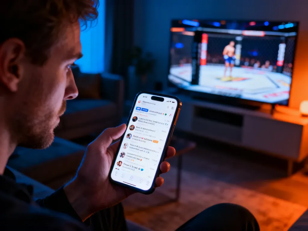 Mężczyzna przeglądający na smartfonie forum internetowe o Fame MMA w przyciemnionym pokoju z włączoną galą w tle.