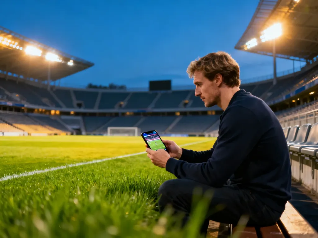 Kibic oglądający transmisję meczu na smartfonie na tle oświetlonego stadionu piłkarskiego.