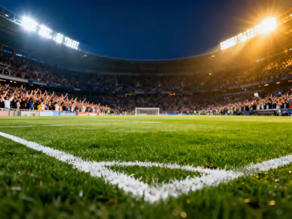 Murawa stadionu Lecha Poznań w świetle jupiterów podczas wieczornego meczu z kibicami na trybunach.