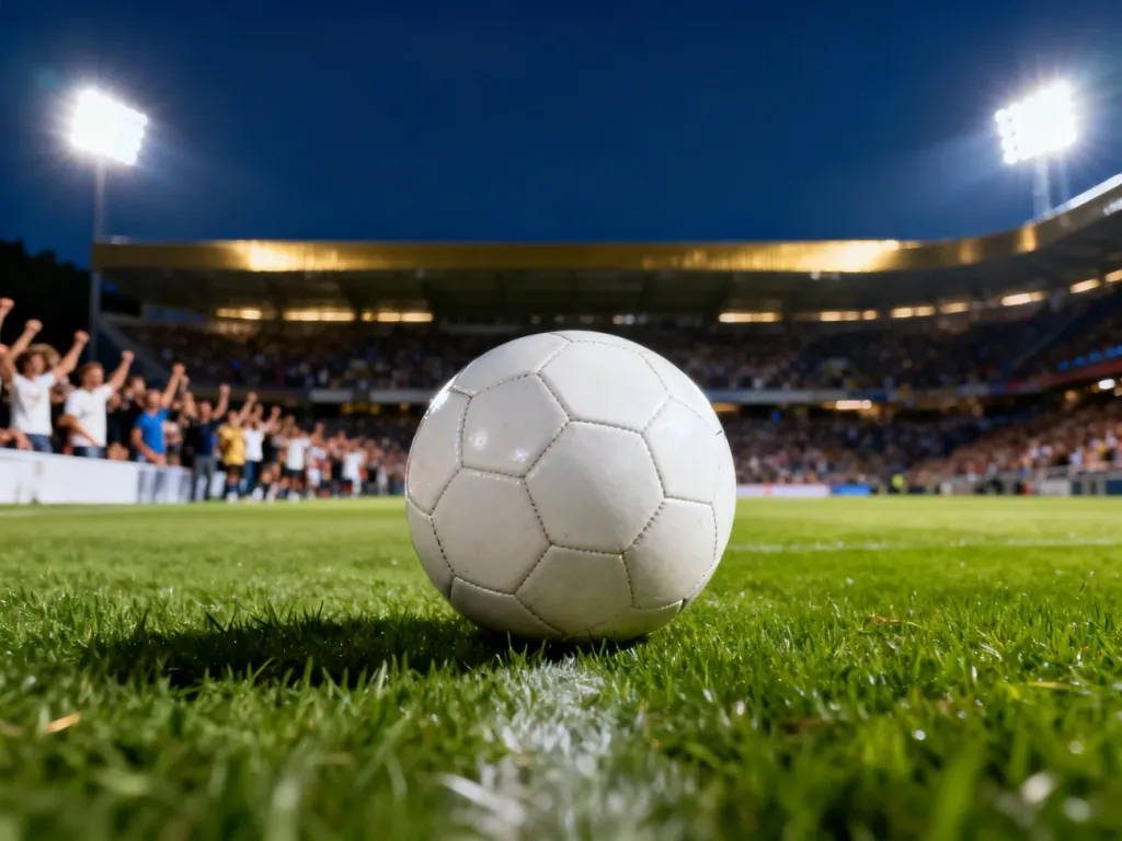 Piłka do gry na środku murawy oświetlonego stadionu piłkarskiego podczas wieczornego meczu.