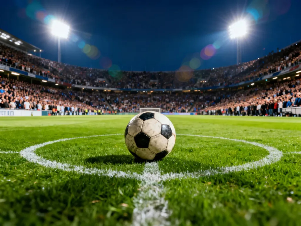 Piłka na środku boiska na tle oświetlonego stadionu podczas wieczornego meczu piłkarskiego.