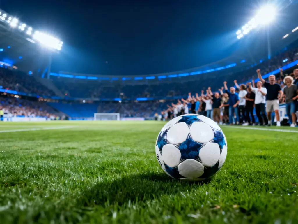 Piłka do gry na murawie oświetlonego stadionu piłkarskiego podczas wieczornego meczu Ligi Konferencji Europy.