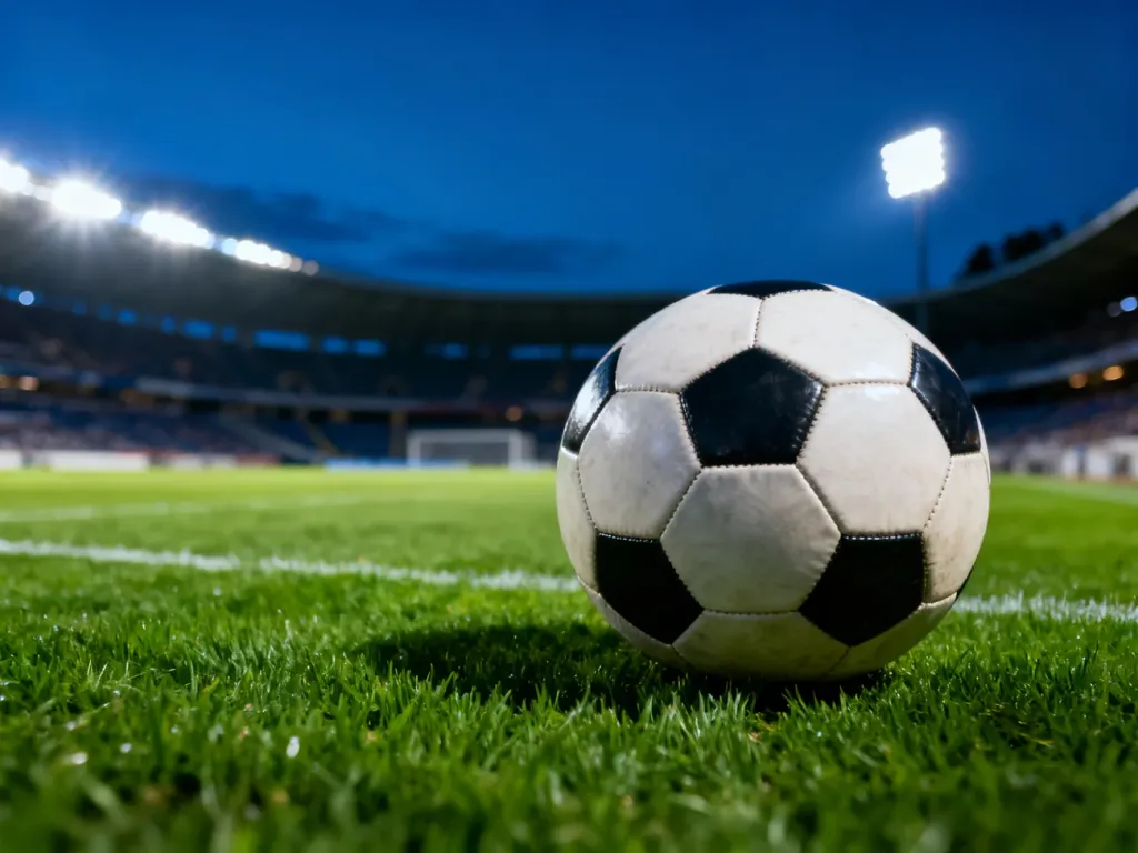 Piłka do gry na murawie stadionu w świetle jupiterów o zmierzchu, symbolizująca emocje towarzyszące meczom Wisły Kraków.